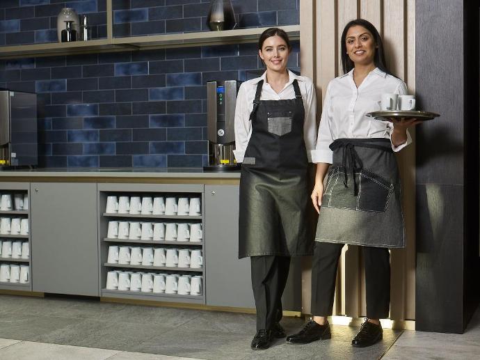 cafe worker uniform with aprons and white shirts